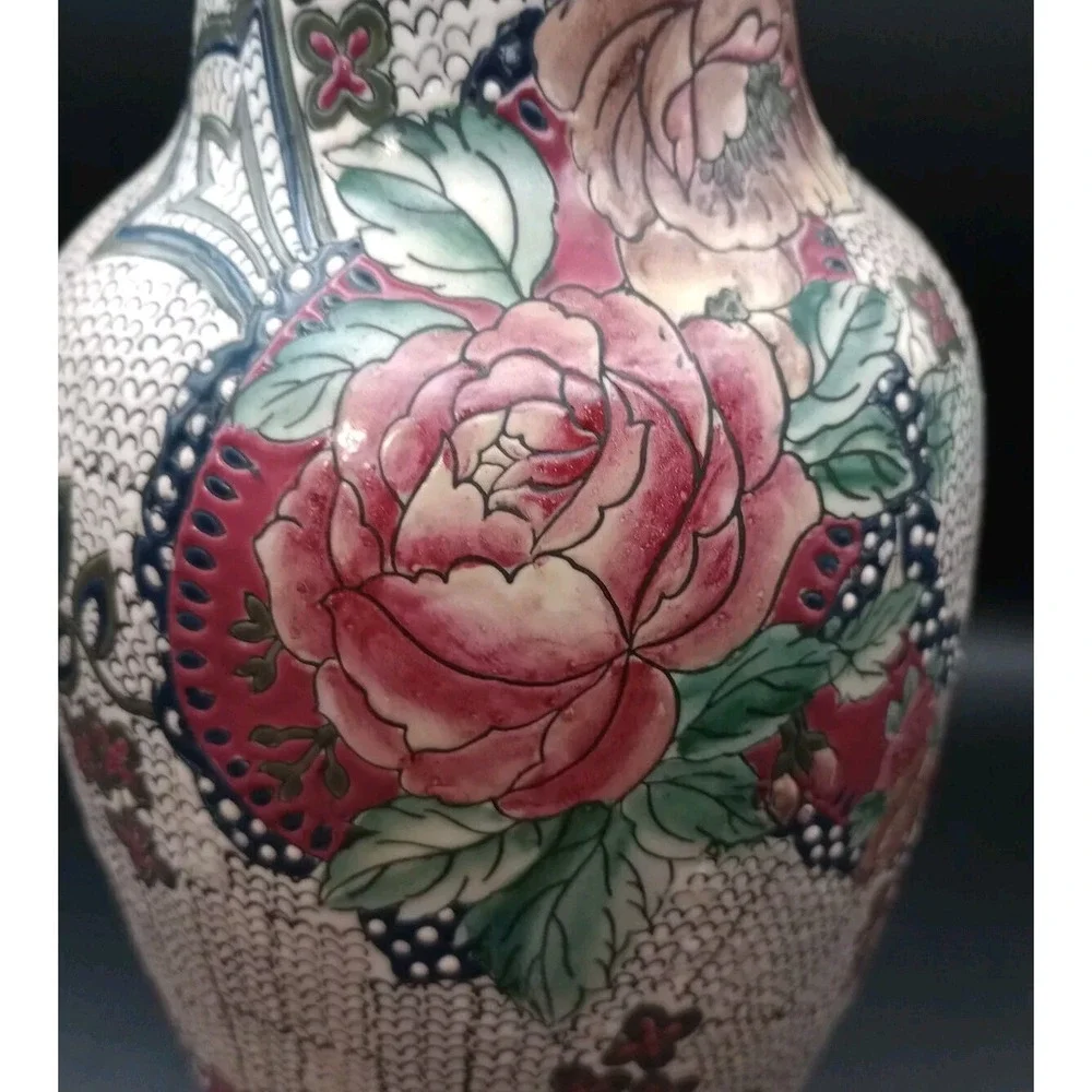 Vintage Tall Textured Porcelain Chinese Vase Hand Painted Raised Flowers 12in